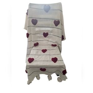 Cream Throw Blanket with Burgundy Heart Accents